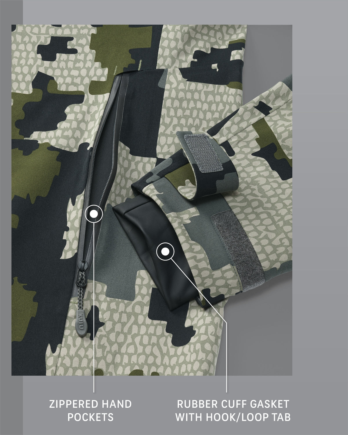 Yukon TR Rain Jacket in Verde Camouflage Zippered Hand Pockets and Rubber Cuff Gasket with Hook/Loop Tab Detail Callout