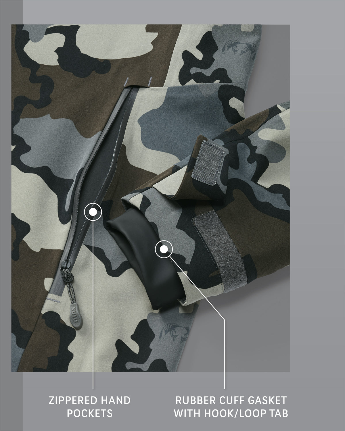 Yukon TR Rain Jacket in Vias Camouflage Zippered Hand Pockets and Rubber Cuff Gasket with Hook/Loop Tab Detail Callout