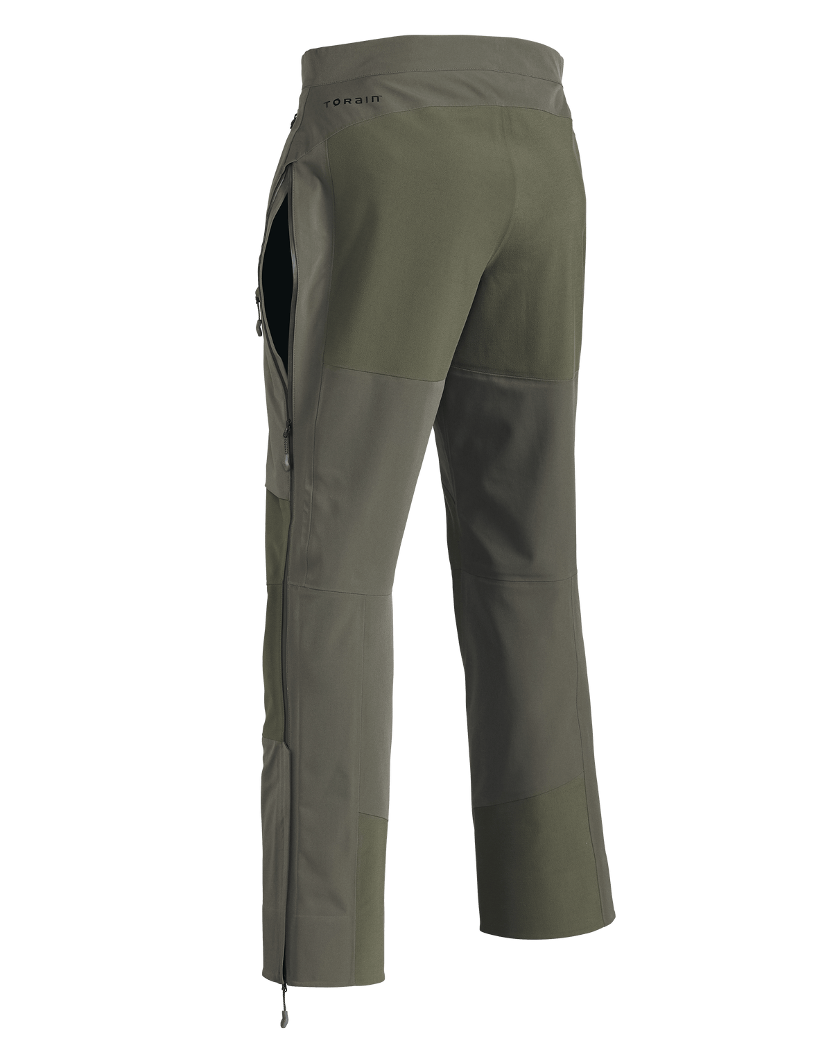 Back of Yukon TR Rain Pant in Ash Brown showing full-length leg zipper partially open like a hip vent