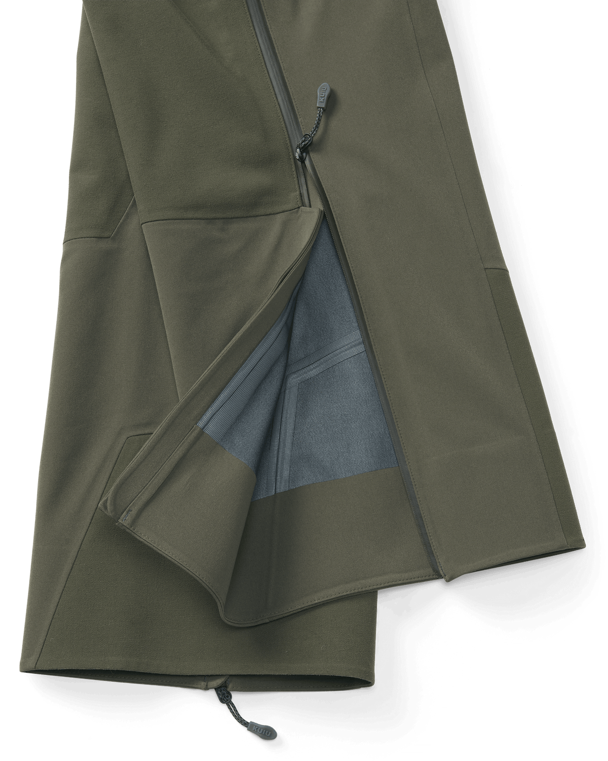 Detail open lower leg zipper on Yukon TR Rain Pant in Ash Brown