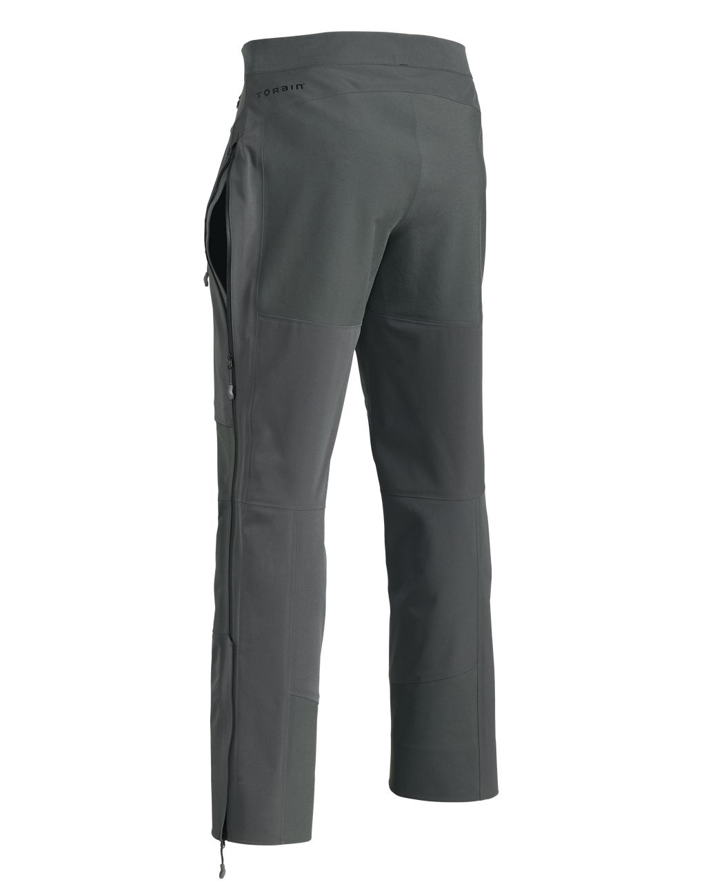 Back of Yukon TR Rain Pant in Gunmetal Grey showing full-length leg zipper partially open like a hip vent