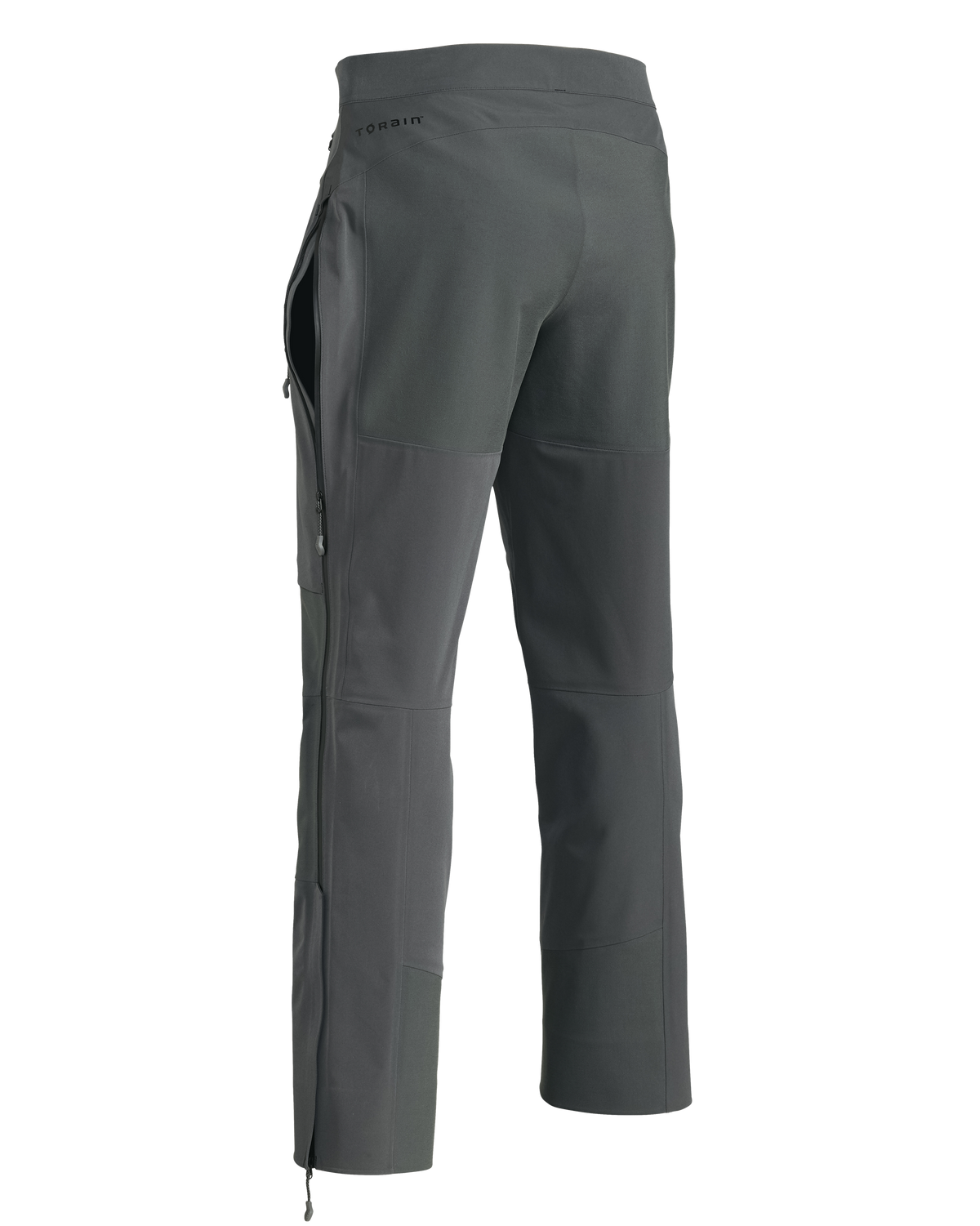 Back of Yukon TR Rain Pant in Gunmetal Grey showing full-length leg zipper partially open like a hip vent