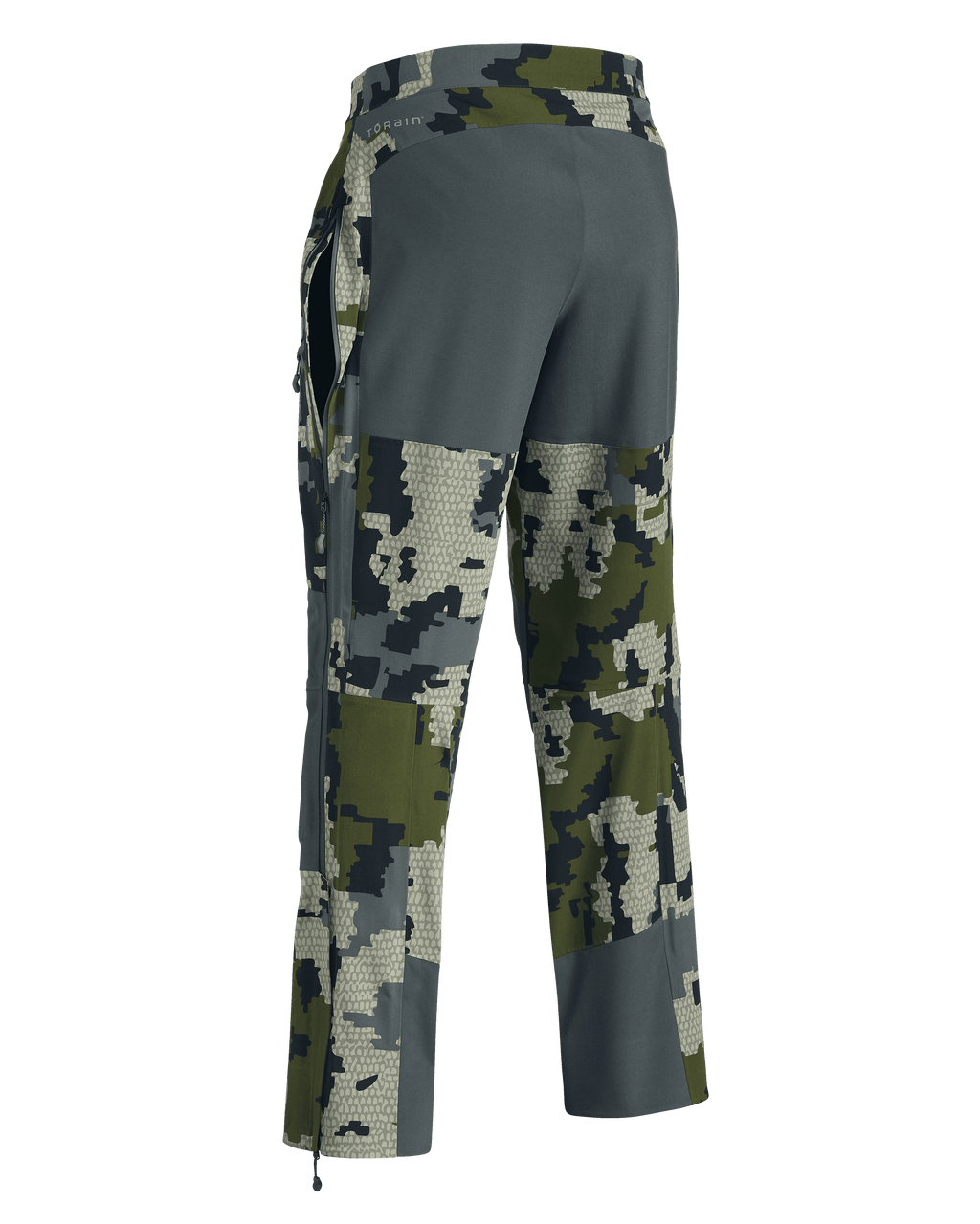 Back of Yukon TR Rain Pant in Verde Camouflage showing full-length leg zipper partially open like a hip vent