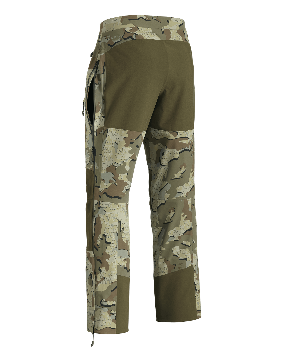 Back of Yukon TR Rain Pant in Valo Camouflage showing full-length leg zipper partially open like a hip vent