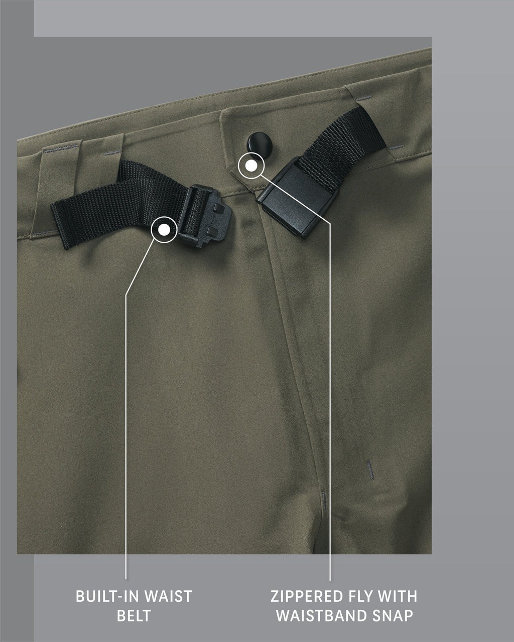 Yukon TR Rain Pant in Ash Brown Built-In Waist Belt and Zippered Fly with Waistband Snap Detail Callout