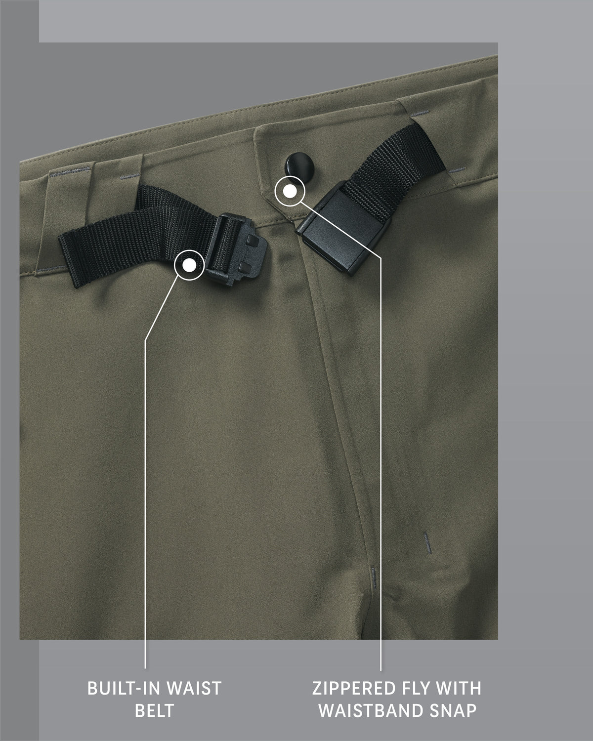 Yukon TR Rain Pant in Ash Brown Built-In Waist Belt and Zippered Fly with Waistband Snap Detail Callout