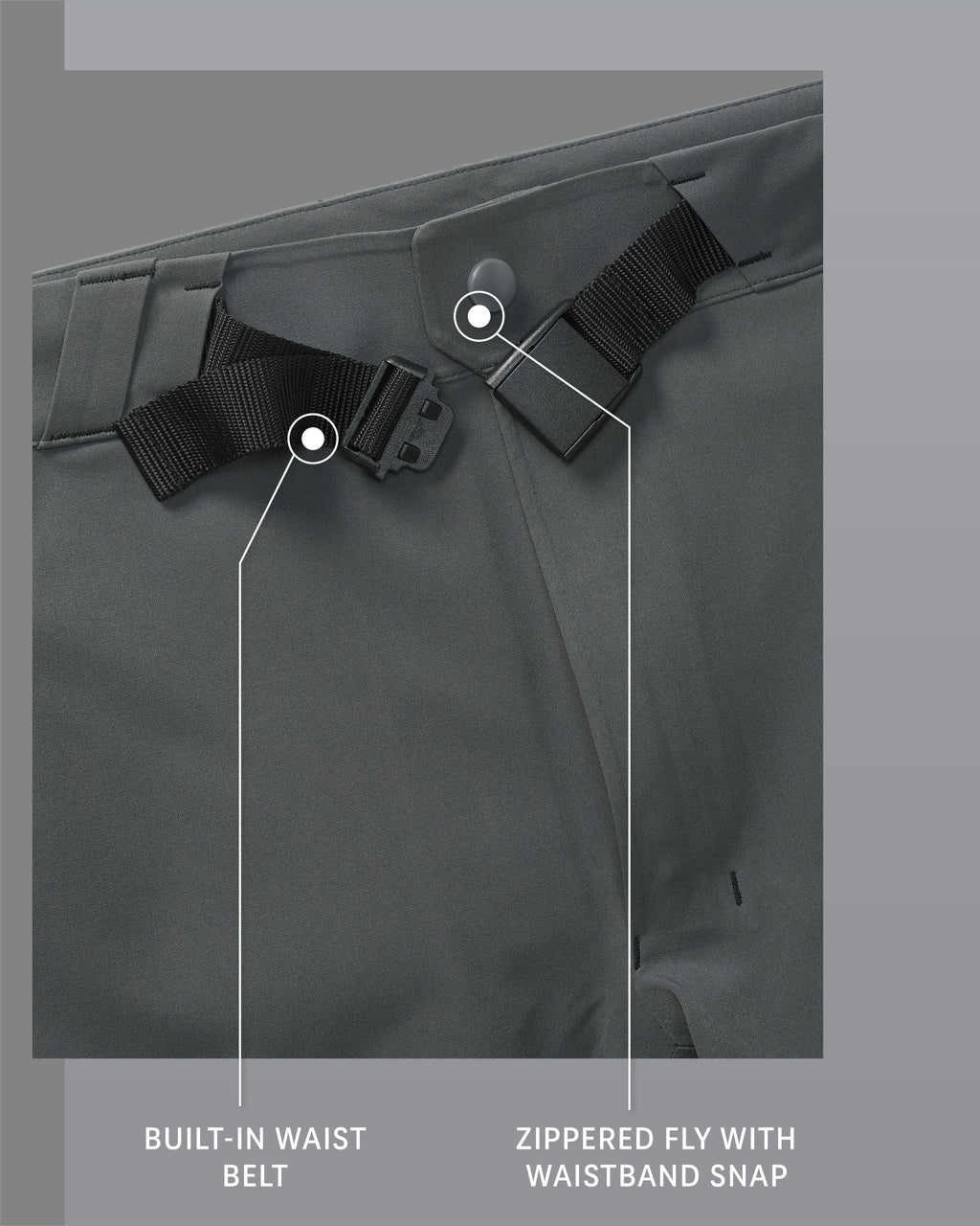 Yukon TR Rain Pant in Gunmetal Grey Built-In Waist Belt and Zippered Fly with Waistband Snap Detail Callout