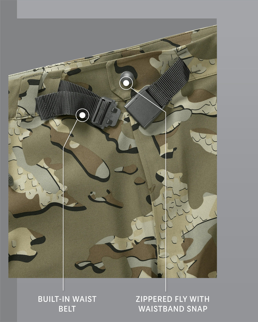Yukon TR Rain Pant in Valo Camouflage Built-In Waist Belt and Zippered Fly with Waistband Snap Detail Callout