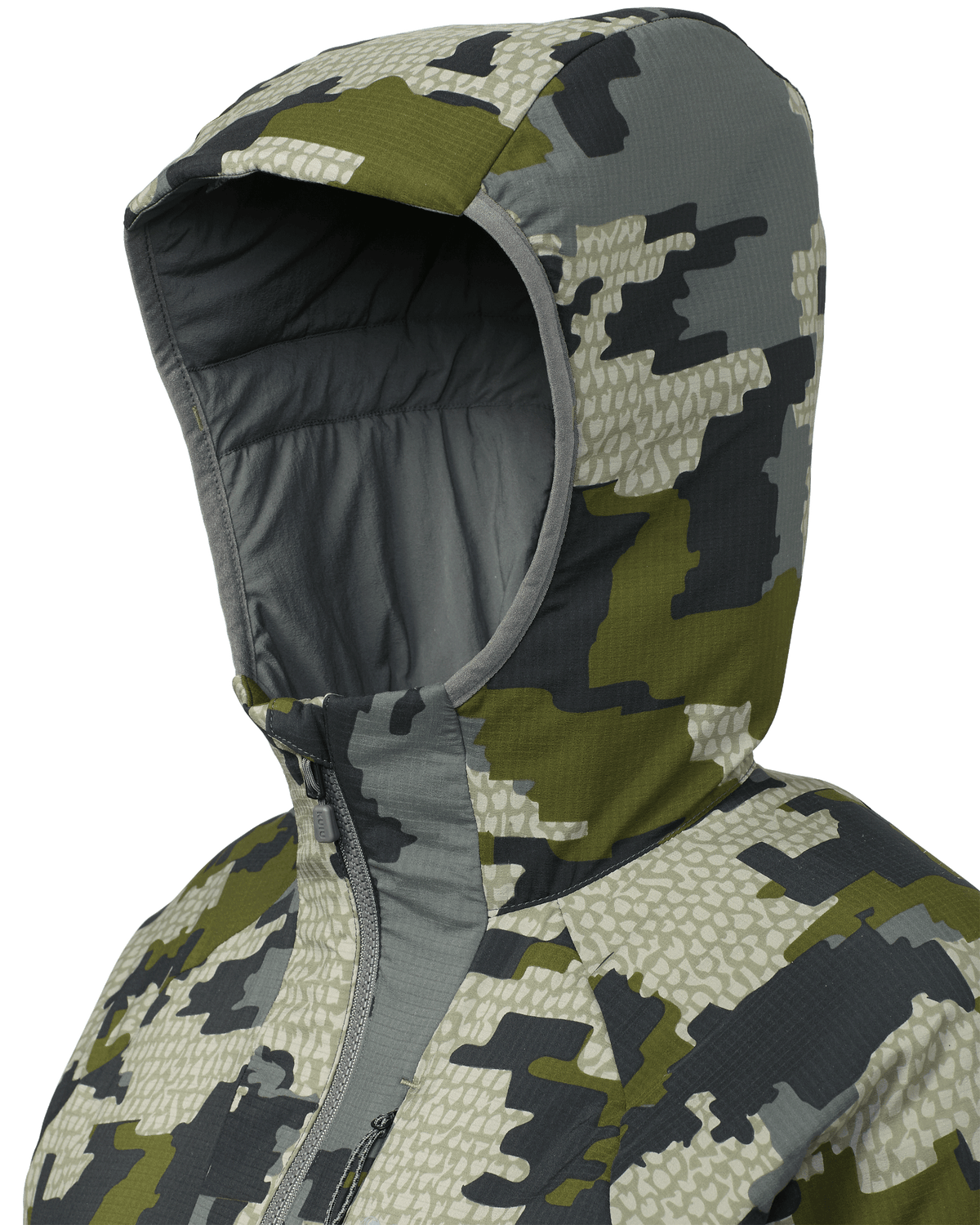 Hood detail on Women's Kenai Hooded Jacket in Verde Camouflage