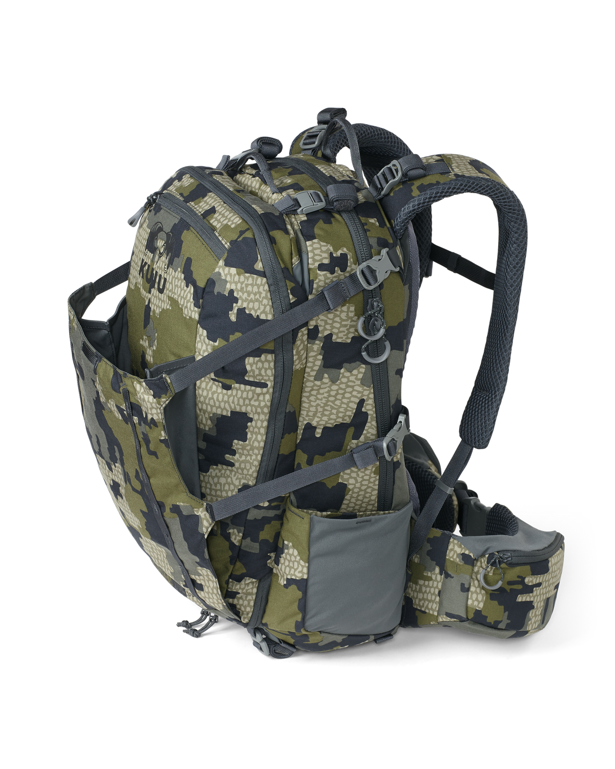 Side angle of Venture Divide 2000 in Verde Camouflage Showcasing the open front panel