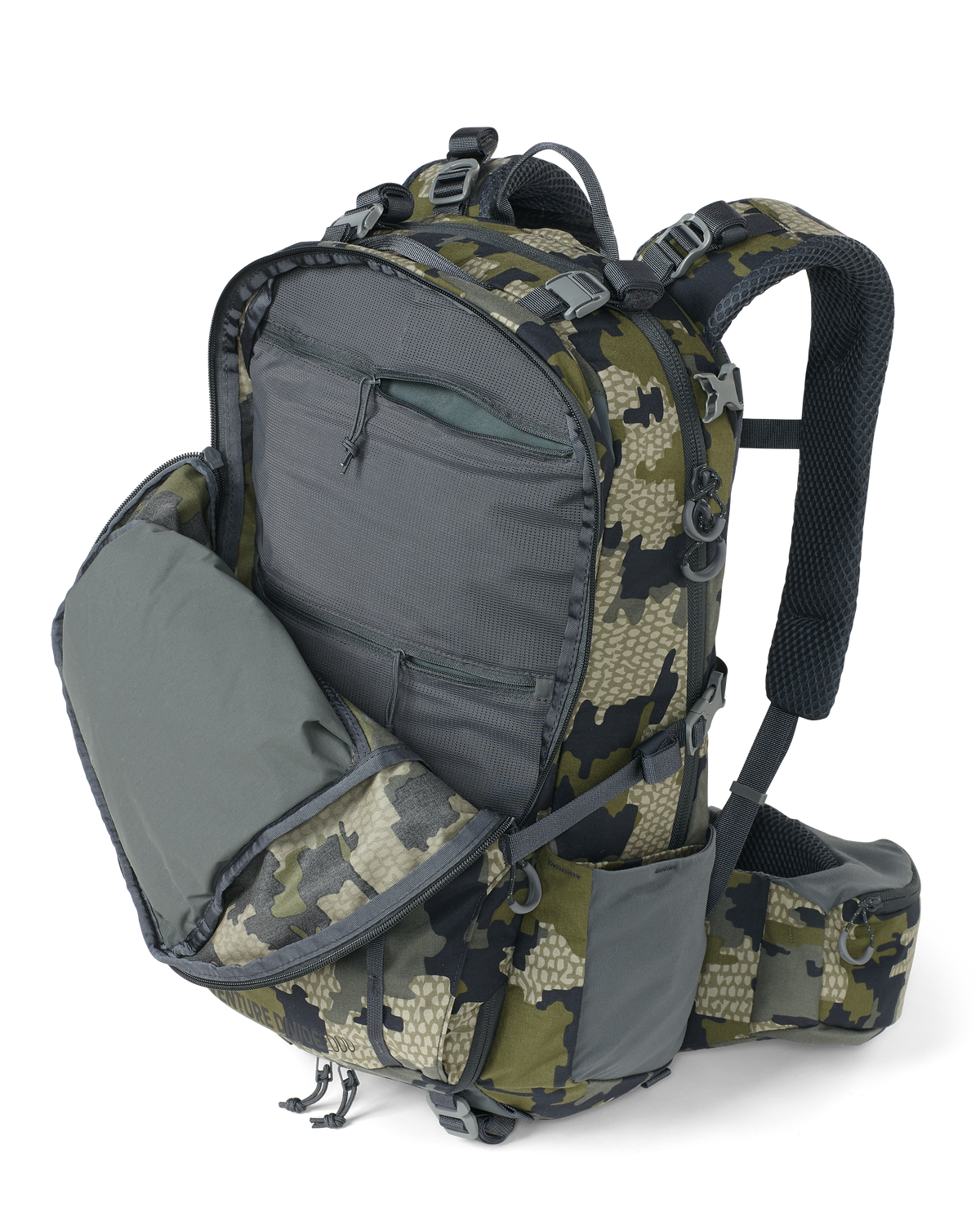 Side angle of Venture Divide 2000 in Verde Camouflage Showcasing the open front panel
