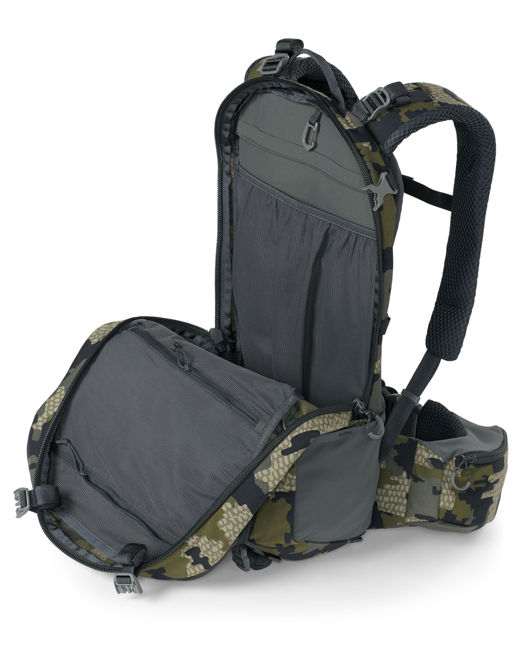 Side angle of Venture Divide 2000 in Verde Camouflage Showcasing the open main pocket