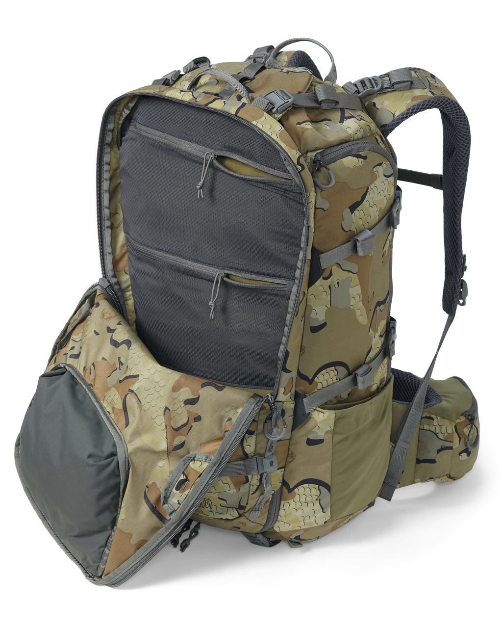 Side Angled View of Venture Divide 3000 Pack in Valo Camouflage Highlighting Open Divide Pocket with Mesh Lined Storage Pockets