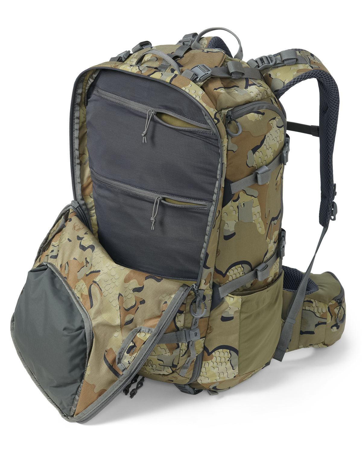 Side Angled View of Venture Divide 3000 Pack in Valo Camouflage Highlighting Open Divide Pocket with Mesh Lined Storage Pockets