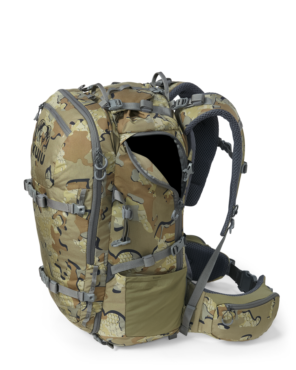Side of Venture Divide 3000 Pack in Valo Camouflage Highlighting Open Side Access Zipper on Main Compartment