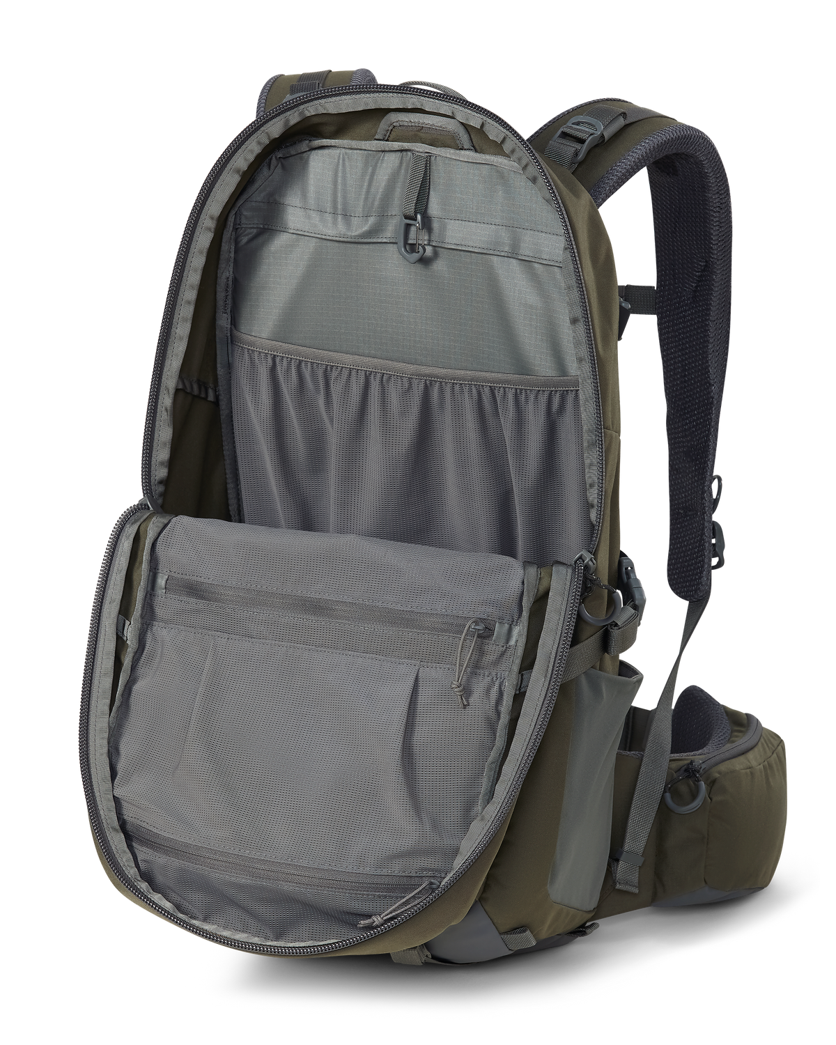 Unzipped view of main storage compartment, Highlighting mutiple mesh storage pockets of the Ranger 2200 in Ash Brown