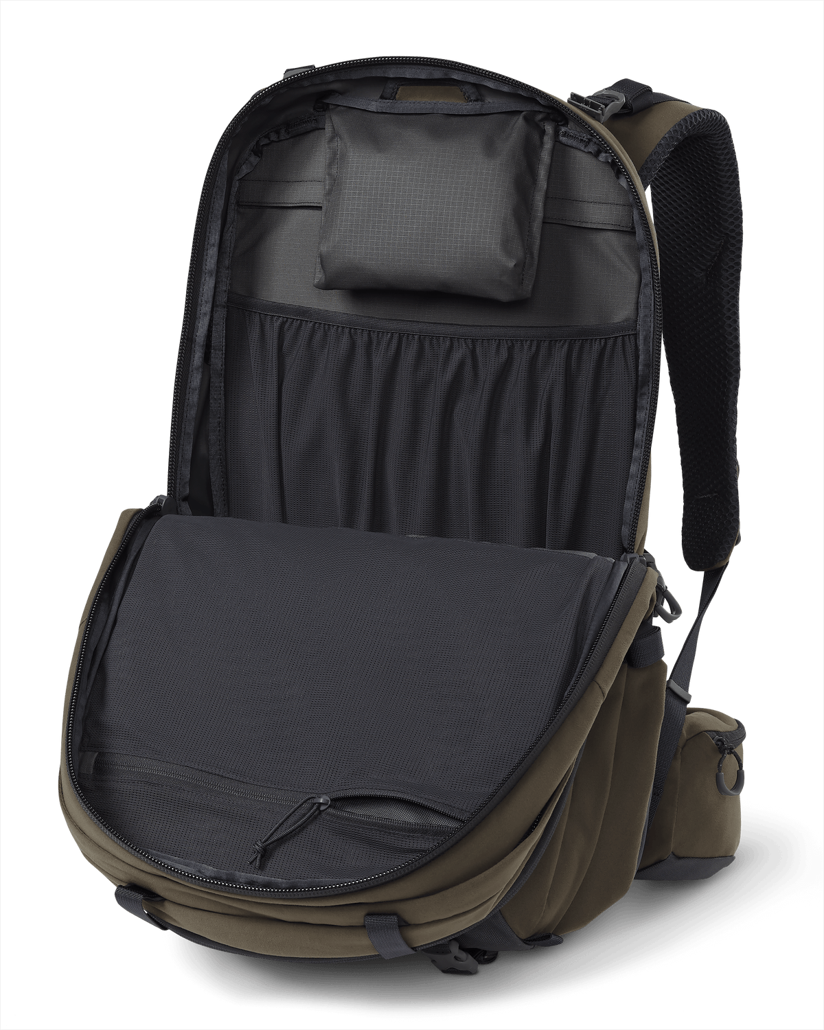 Encounter Divide 2800 in Ash Brown in Valo Camouflage with front zippered pocket open to show storage
