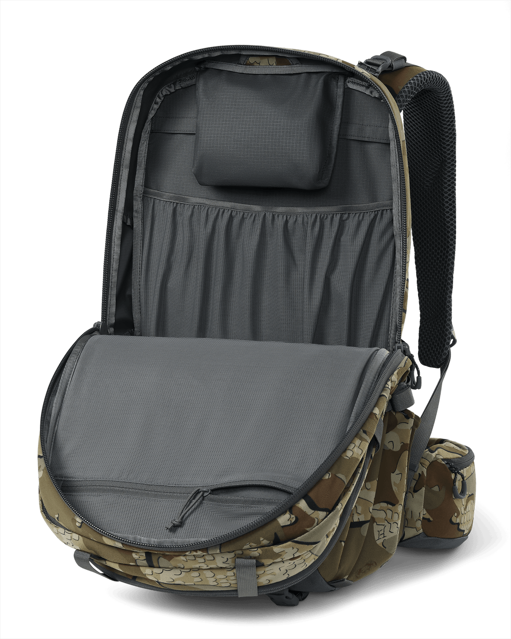 Encounter Divide 2800 in Valo Camouflage in Valo Camouflage with front zippered pocket open to show storage
