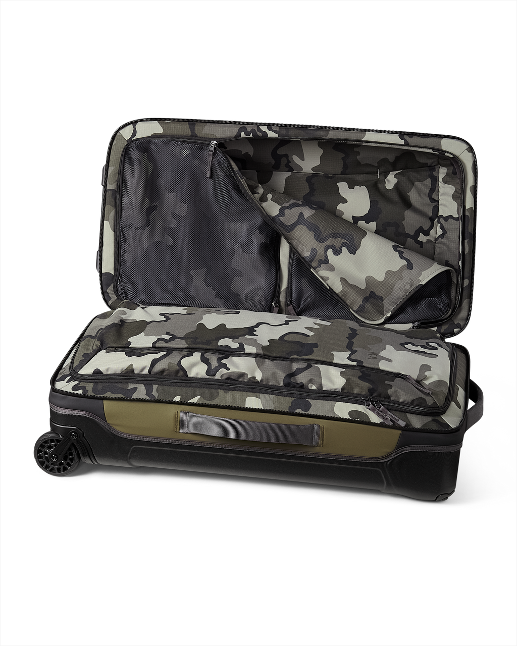 Opened lid panel of the Waypoint 4500 Roller Travel Bag in Bourbon Brown, Showing two internal zippered pockets and an unzipped main storage for additional organization
