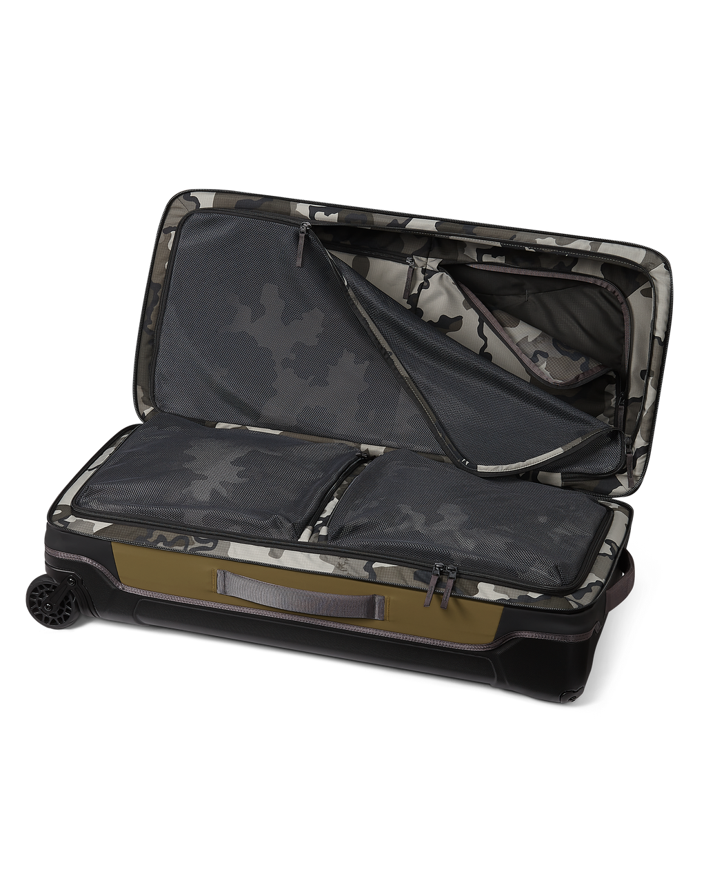 Open view of internal storage divided by partition, Highlighting internal storage with zippered pockets for organization