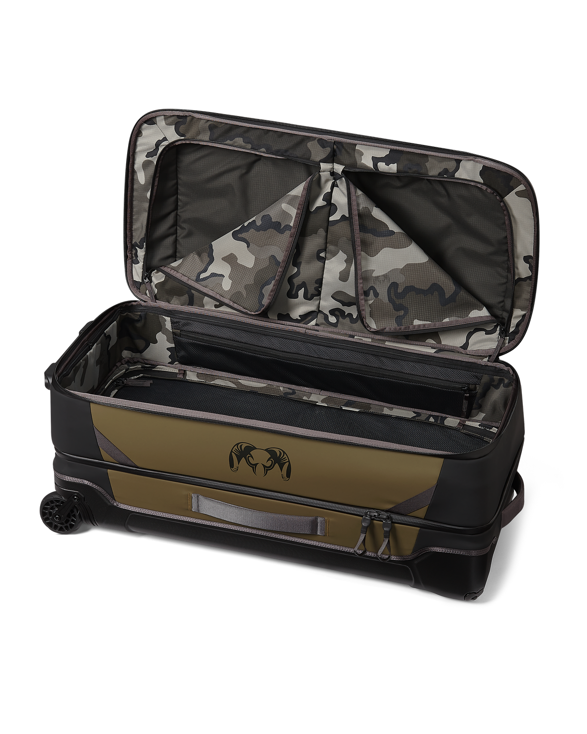 Opened lid panel of the Waypoint 6500 Roller Travel Bag in Bourbon Brown, showing two large internal zippered pockets for organization