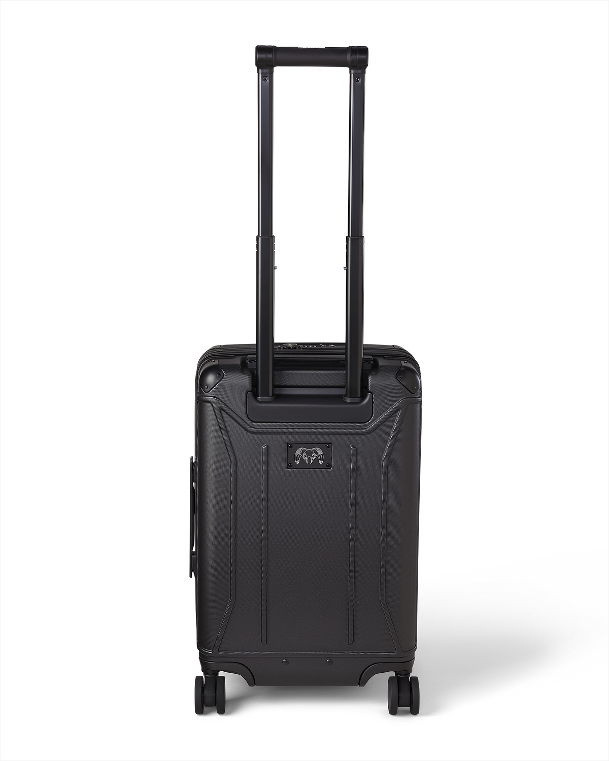 Back of Hardline Spinner Carry-On in Black shown with extended handle.