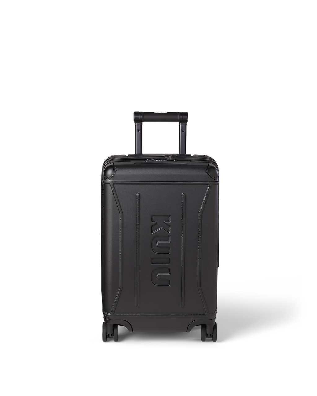 Front of Hardline Spinner Carry-On in Black, shown with handle down.
