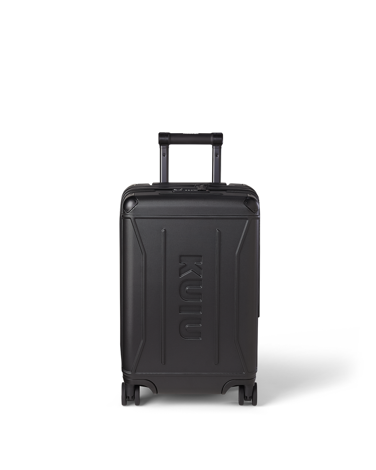 Front of Hardline Spinner Carry-On in Black, shown with handle down.
