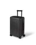 Angle view of Hardline Spinner Carry-On in Black, shown with handle down.