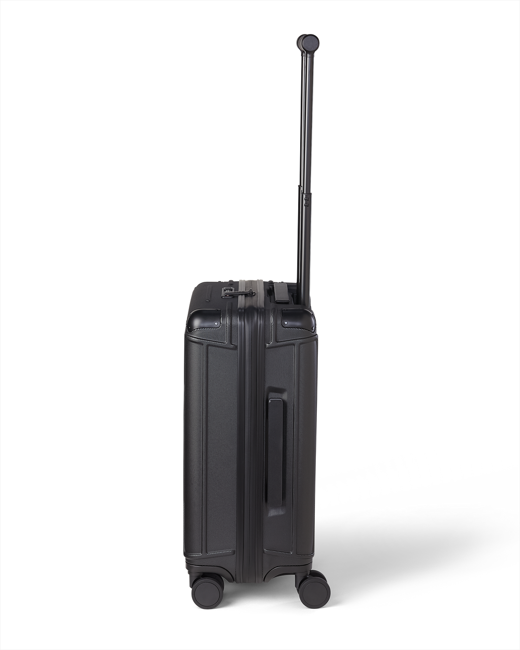 Side view of Hardline Spinner Carry-On in Black shown with extended handle.