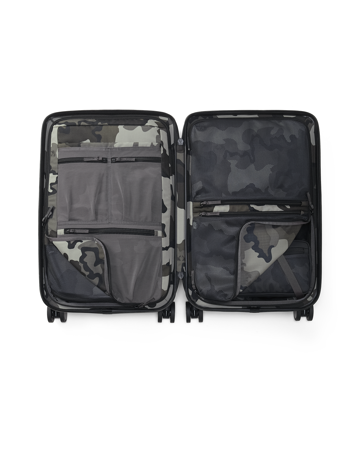 A flat lay view displaying an open hard-shell roller suitcase, revealing Vias Storm interior organizer layout with multiple pockets and compartments.