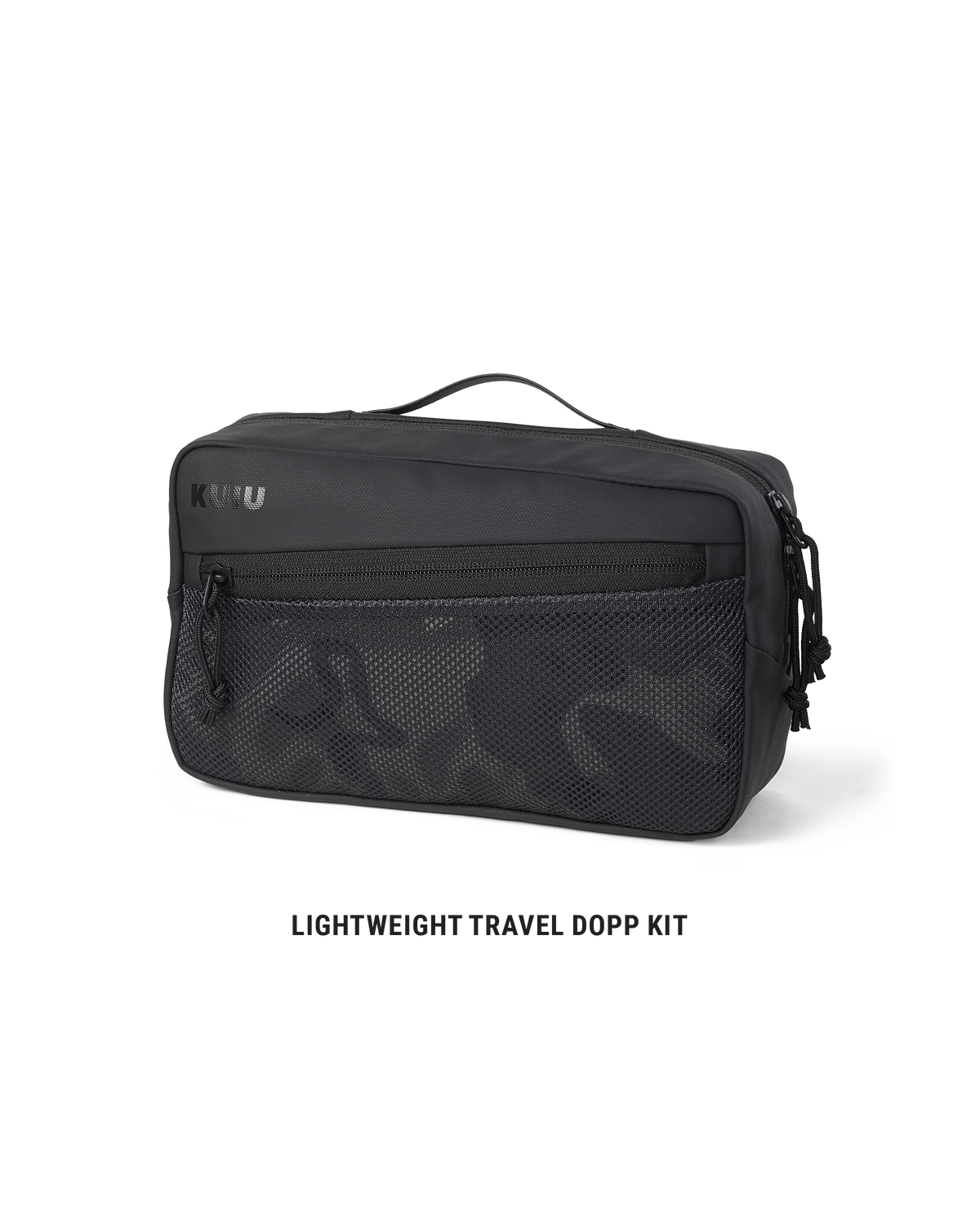 A black KUU Dopp kit with a front zippered pocket.