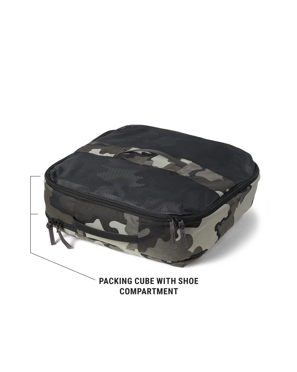 A square packing cube featuring a black mesh top with a zipper and a top grab handle and Vias Storm camouflage pattern on the sides.