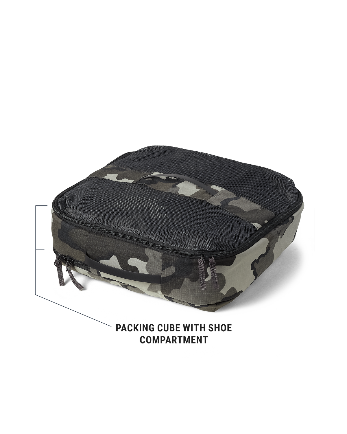 A square packing cube featuring a black mesh top with a zipper and a top grab handle and Vias Storm camouflage pattern on the sides.