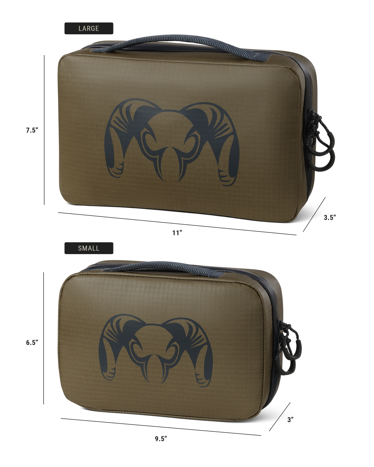 Front of Waypoint Dopp Kit with size dimensions for small and large
