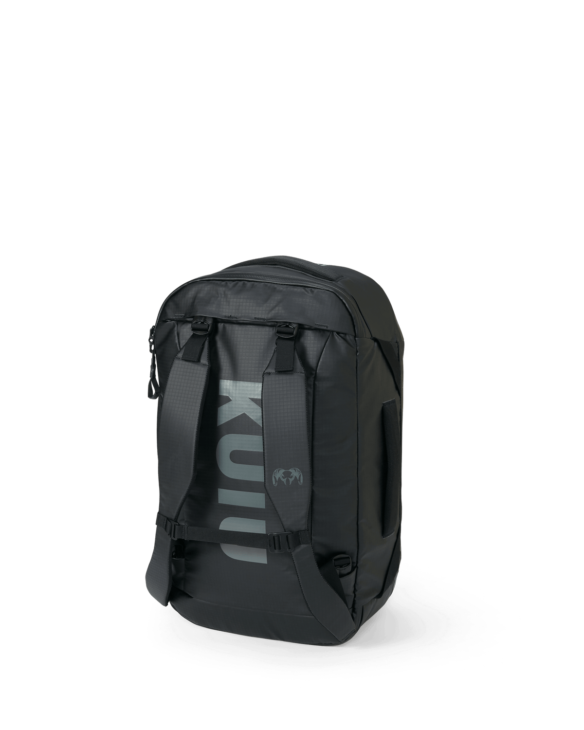 Picture of Black Waypoint 2800 Duffel Bag in a vertical orientation with the shoulder straps attached