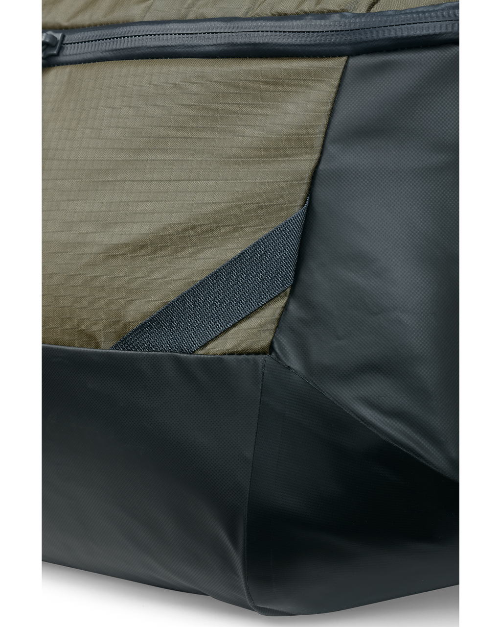 Close up detail of corner of Waypoint 2800 duffel in Bourbon brown to show structural support webbing