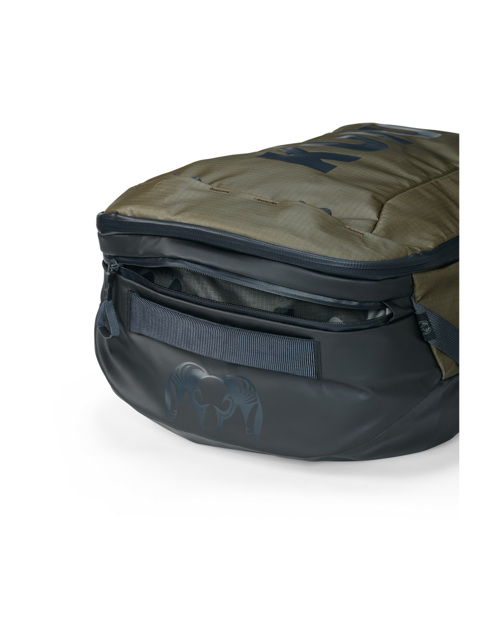 Close up view showing opened top side zipper and carry handle of Waypoint 2800 in Bourbon Brown