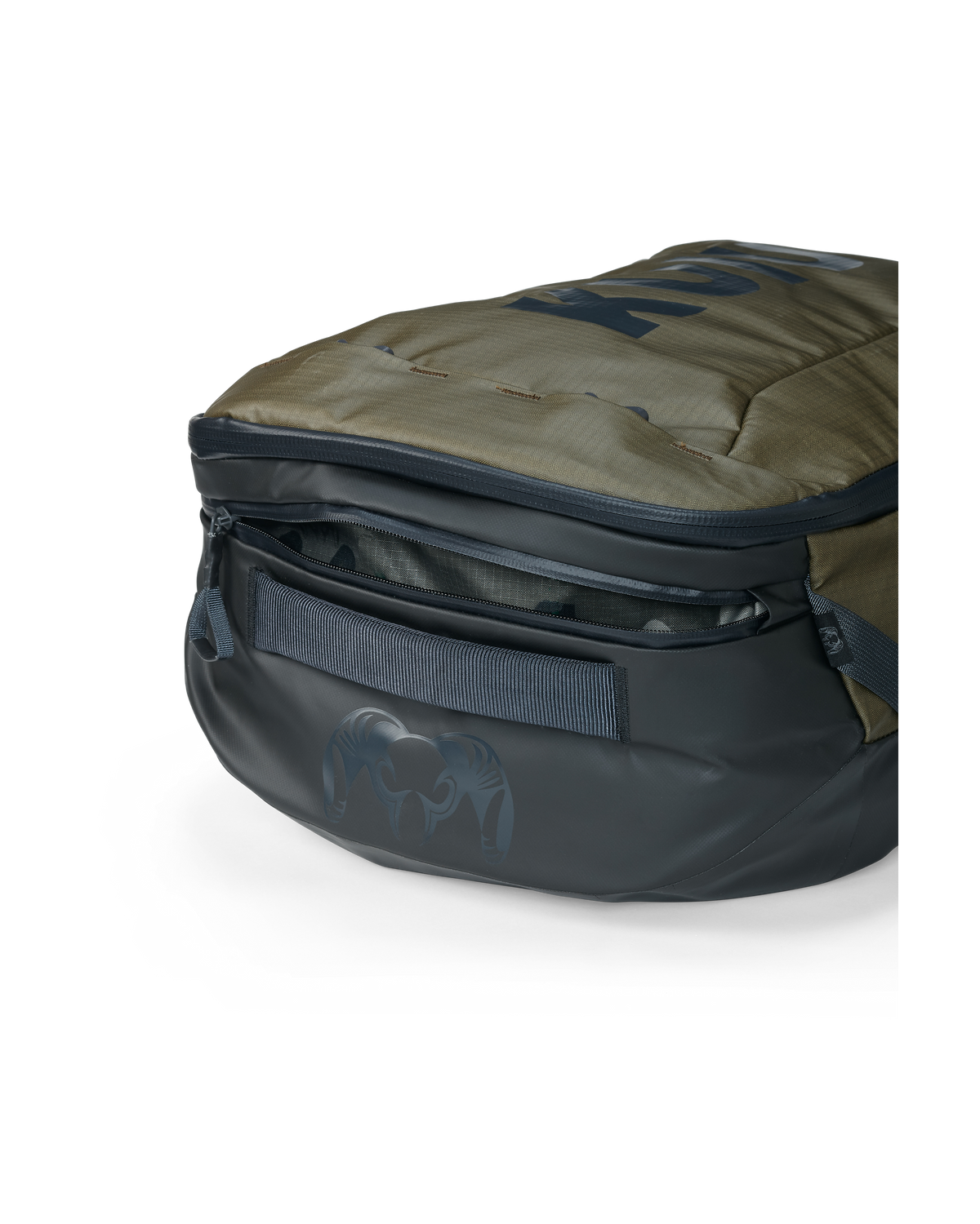 Close up view showing opened top side zipper and carry handle of Waypoint 2800 in Bourbon Brown
