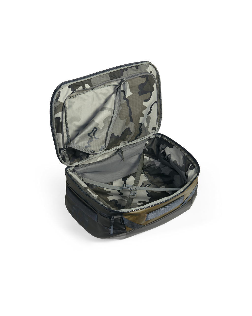 Open view of Waypoint 2800 in Bourbon brown showing vias storm camouflage colored interior and zippered storage pocket sewn into lid of bag