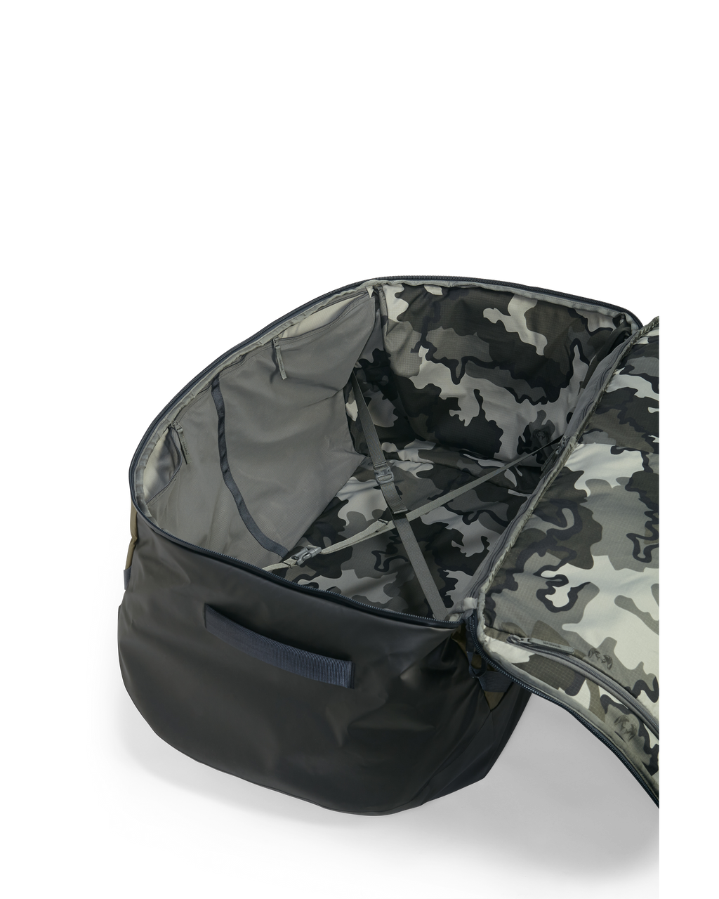 Open Waypoint 10400 Duffel in Bourbon Brown showing internal lash down system
