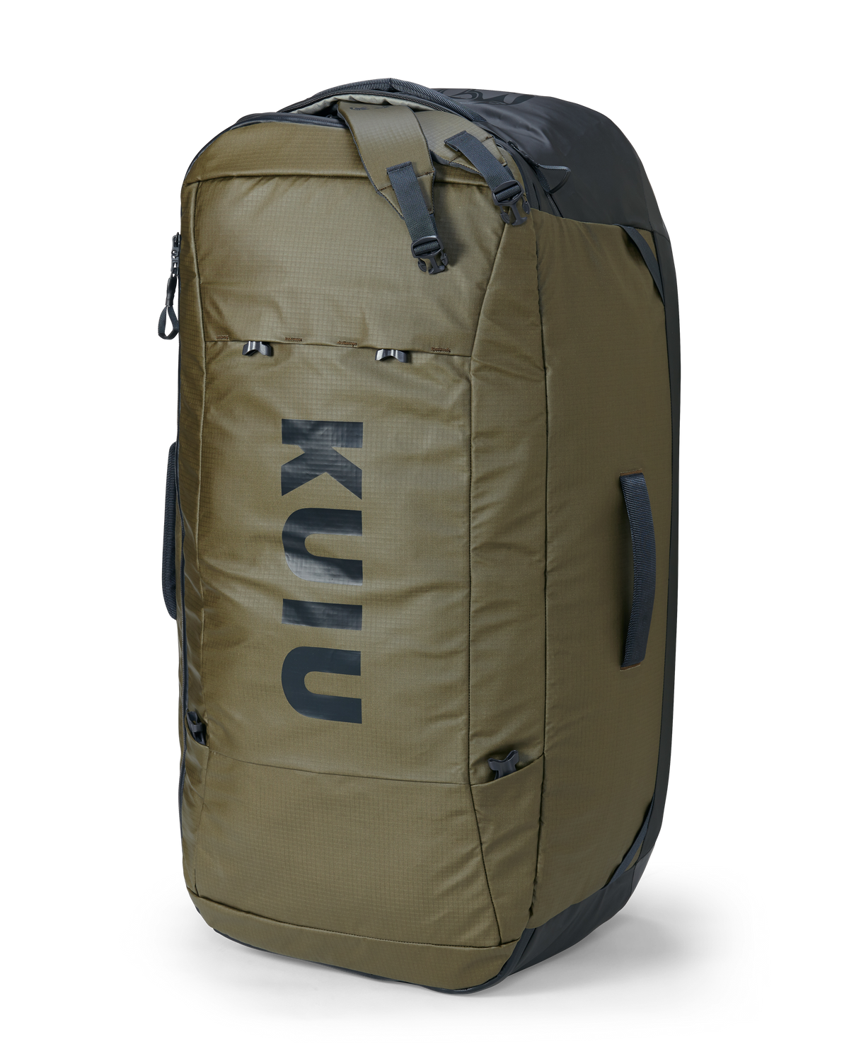 Top facing view of upright Waypoint 10400 Duffel in Bourbon Brown with detached shoulder straps stowed and hanging out of exterior zippered pocket