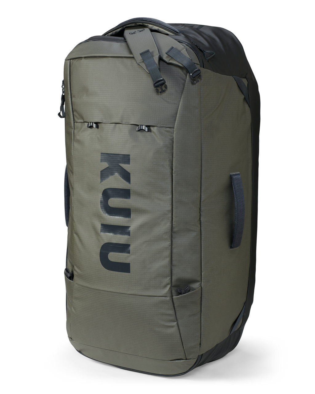 Top facing view of upright Waypoint 10400 Duffel in Stone Gray with detached shoulder straps stowed and hanging out of exterior zippered pocket