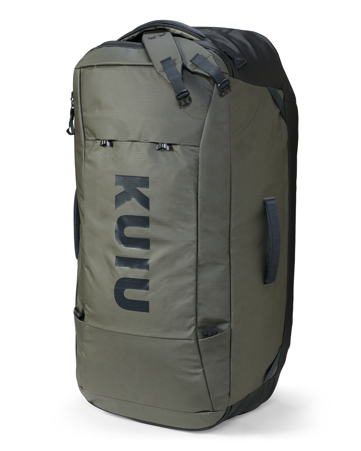 Top facing view of upright Waypoint 10400 Duffel in Stone Gray with detached shoulder straps stowed and hanging out of exterior zippered pocket