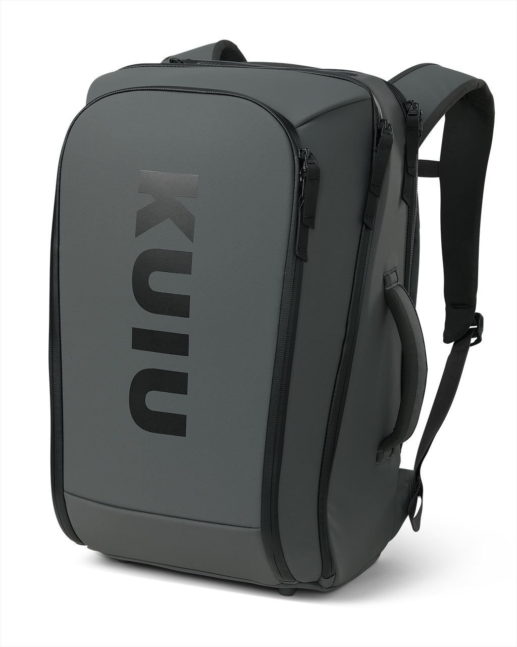 Angled view of Waypoint Travel Backpack in Gunmetal Grey