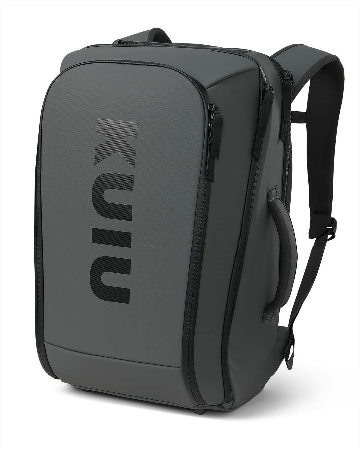 Angled view of Waypoint Travel Backpack in Gunmetal Grey