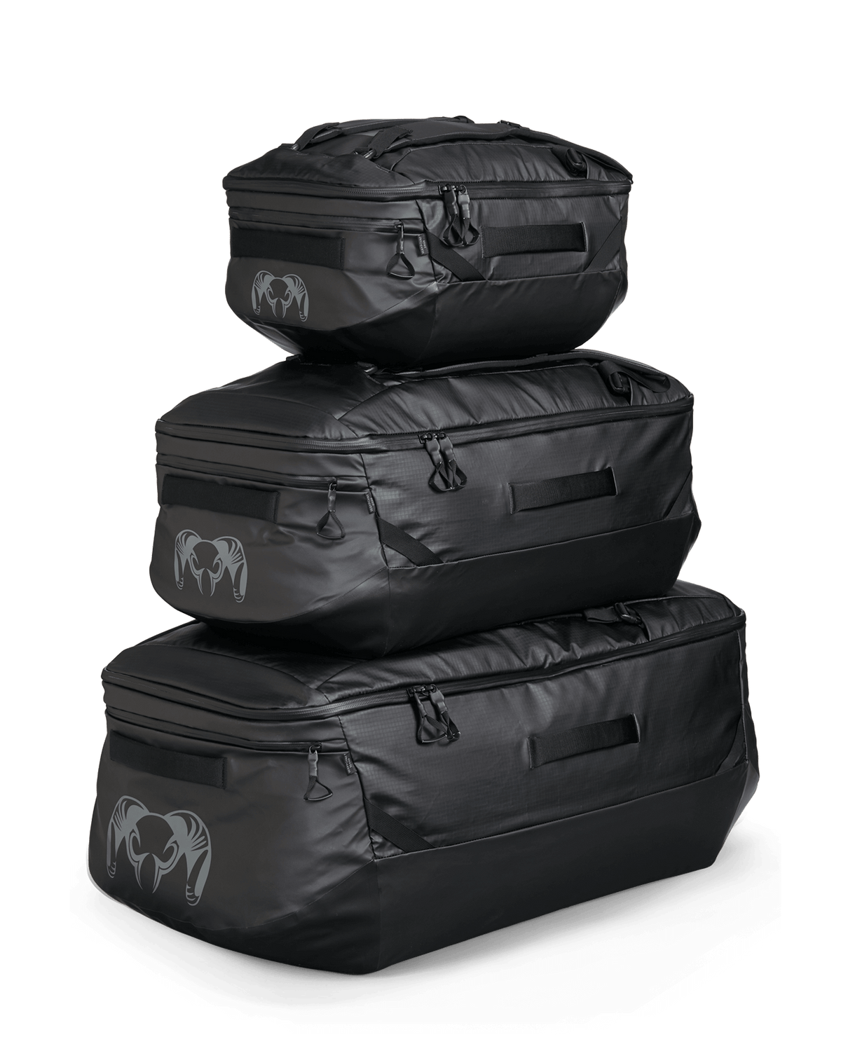Angled Front Profile of All Three Sizes of Wapoint Duffels in Black (2800, 5500, 10400)