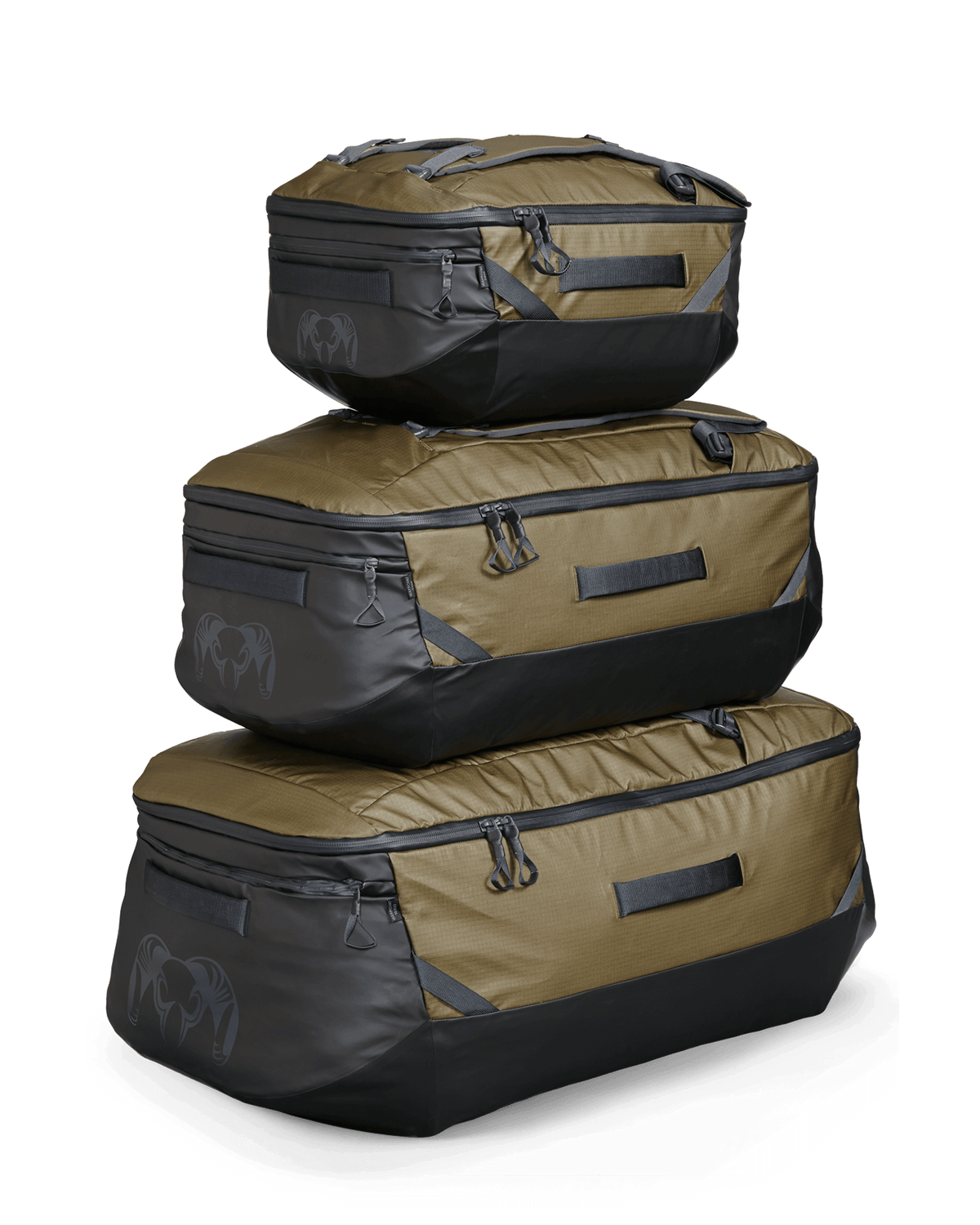 Angled Front Profile of All Three Sizes of Wapoint Duffels in Boubron Brown (2800, 5500, 10400)