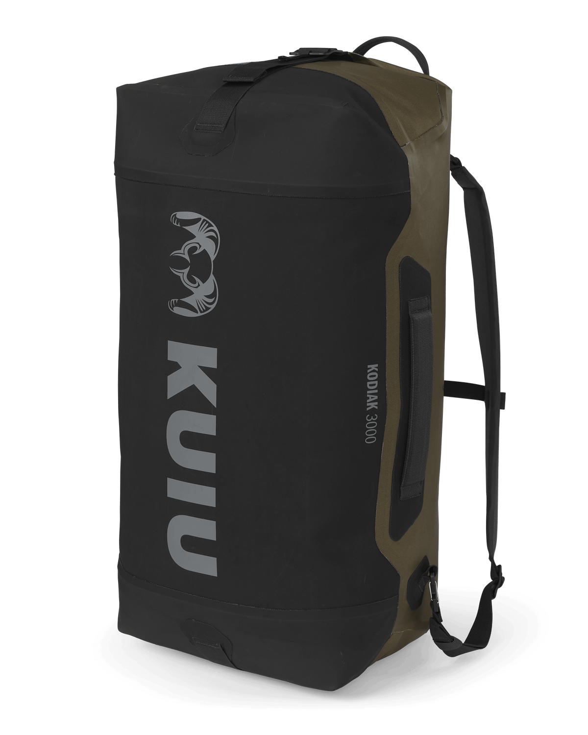 Back of Kodiak 3000 Submersible Duffel in Coyote Brown standing on end showing bottom of bag