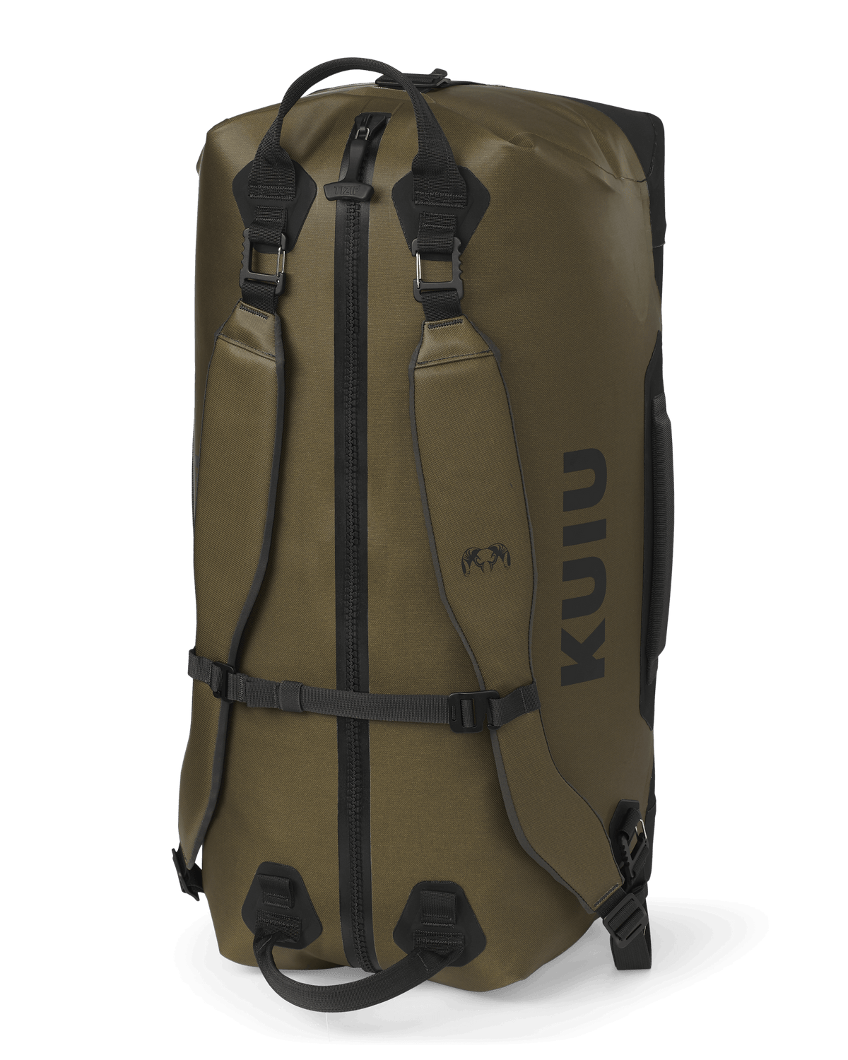 Kodiak 3000 Submersible Duffel in Coyote Brown standing on end to show how to carry like a backpack